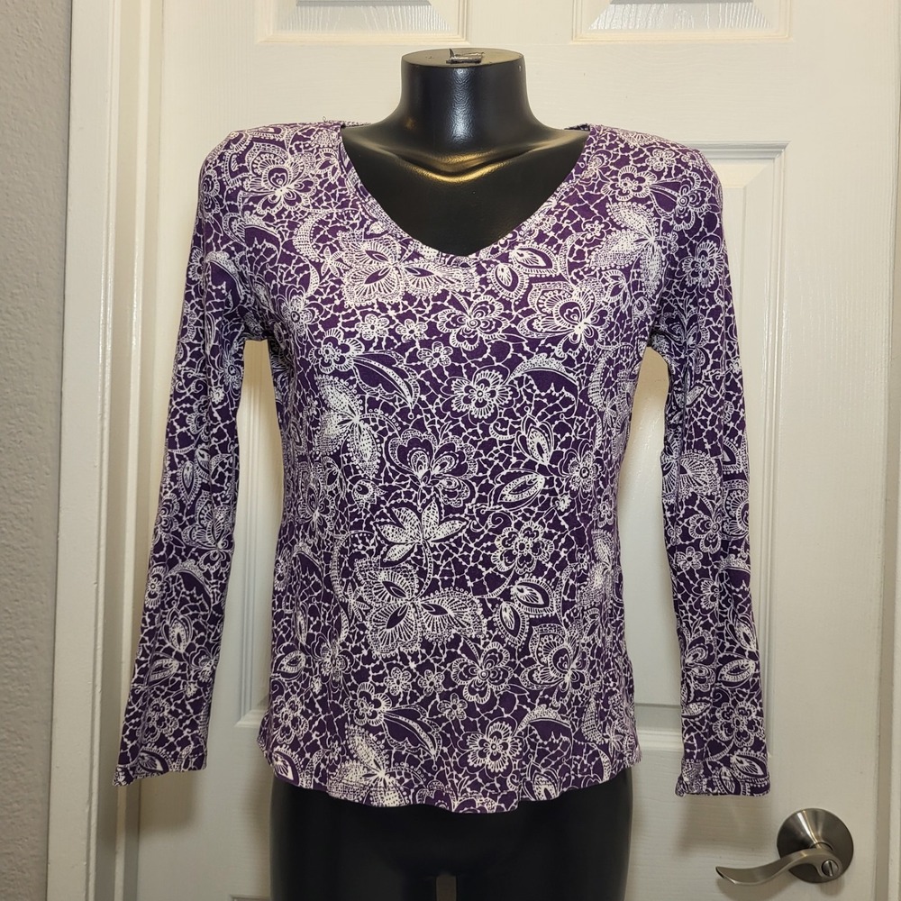 Charter Club 100% Pima Cotton Long Sleeve Purple/White Design Top‎ Sz Petite/S